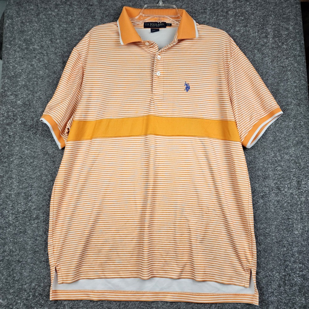 U.S. Polo Assn. Polo Shirt Mens Large Orange Striped Performance Short Sleeve